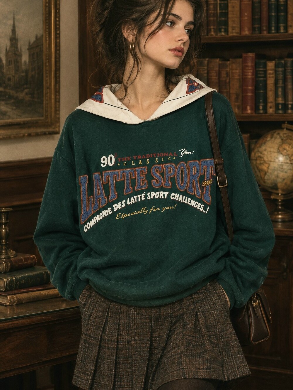 Rare Vintage Dark Academia Latte USA Green Graphic Pullover Hoodie Sweatshirt